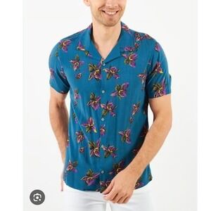The Kooples Paris Men Blue Floral Short Sleeve Spread Collar Button Up‎ XS NEW